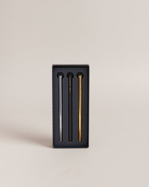 KRISII-Gifts-Give the gift of simple sophistication with KRISII. Whether you're treating a loved one or upping your own writing game, these stainless steel pens leave a lasting impression. Three pack of pens Ballpoint with black ink Stainless steel Assorted colours Engraved logo Comes in gift box- Ted Baker Romania